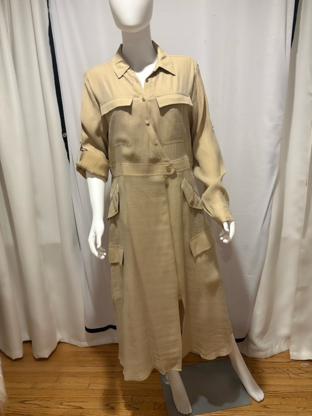 Dkny Beige Button-Front Maxi Shirt Dress